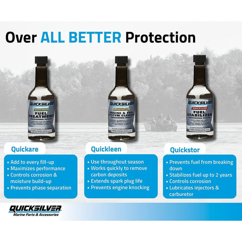 Quicksilver Quickstor label closeup shows OEM-grade formula for gasoline engines.