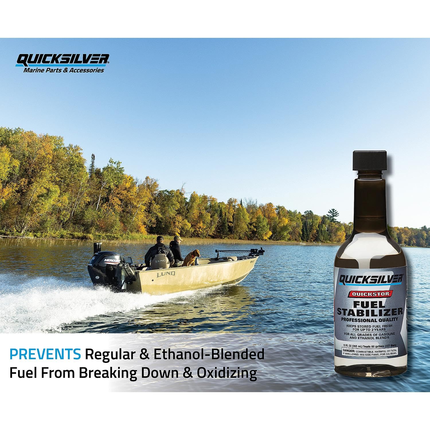 Quicksilver Quickstor pour action demonstrates easy dosing for five gallons per ounce.