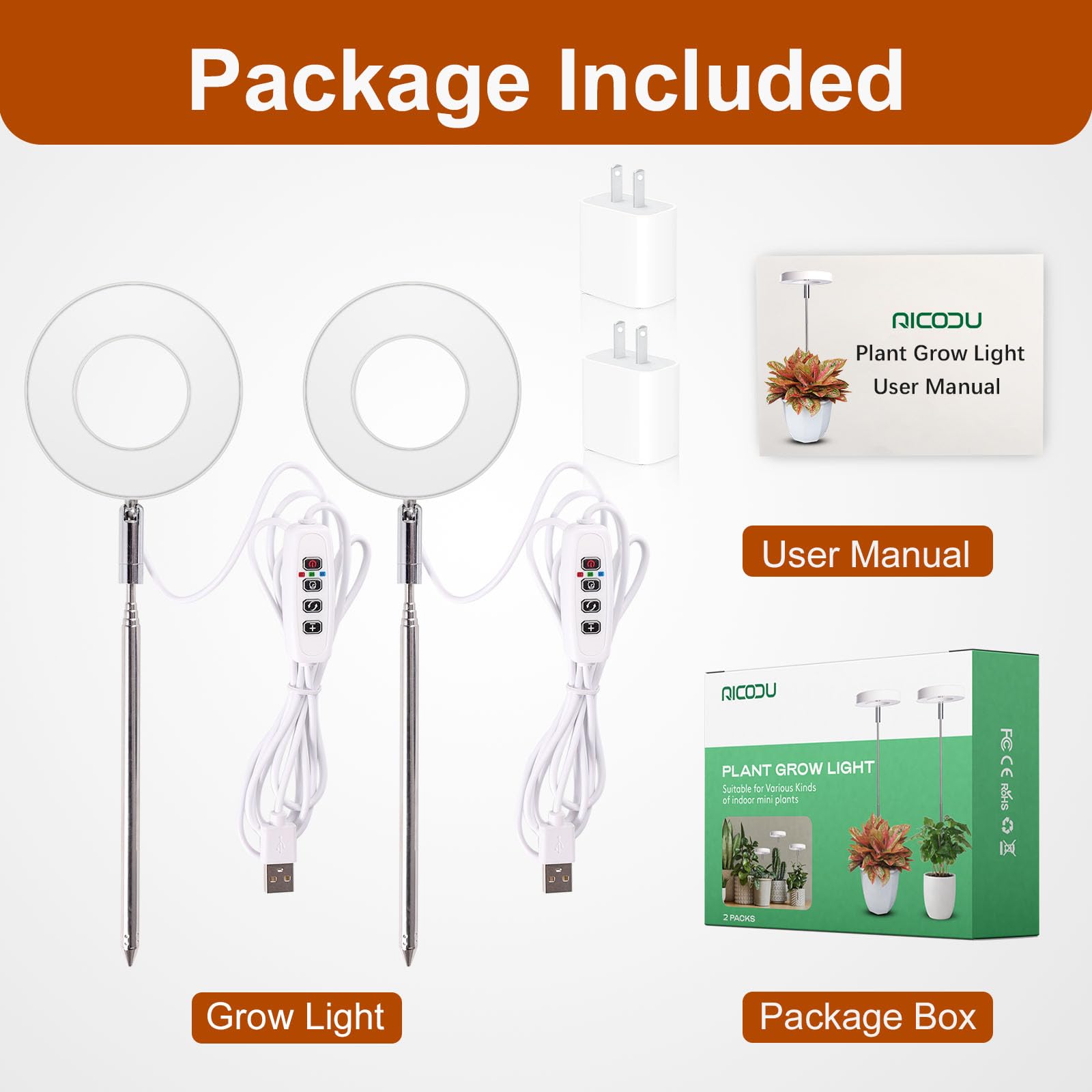 Qicodu table-top grow light 2-pack fits desks and shelves