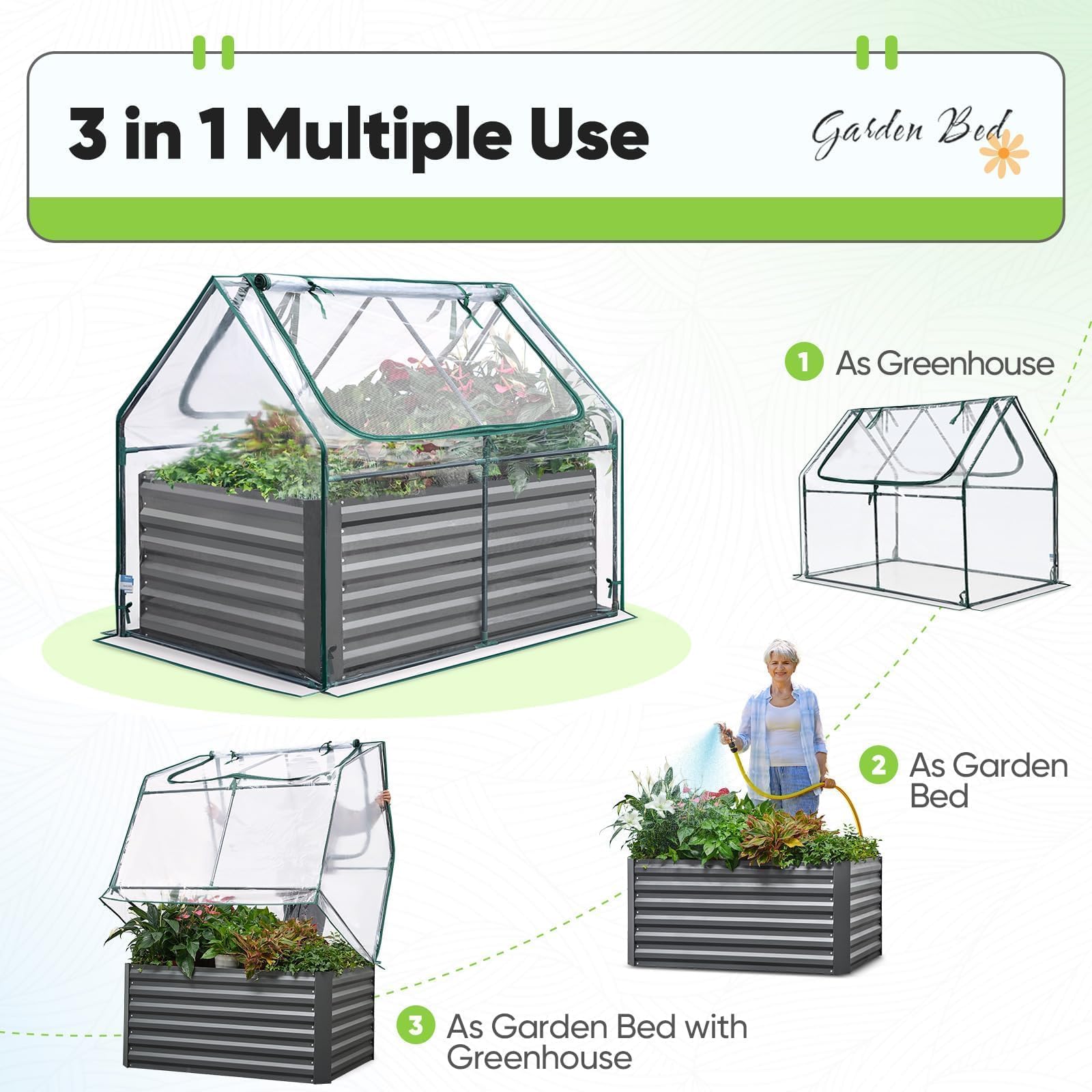 Quictent 3-in-1 design combines bed, greenhouse, and cover for versatile use.
