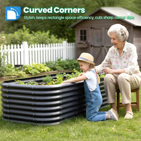 Quictent bed with safety-rolled edges for family-friendly gardening.