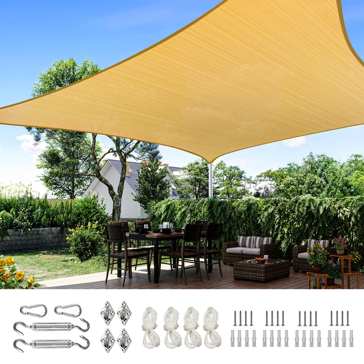 Quictent 20x26 ft shade sail over a patio showing UV protection and ventilation benefits