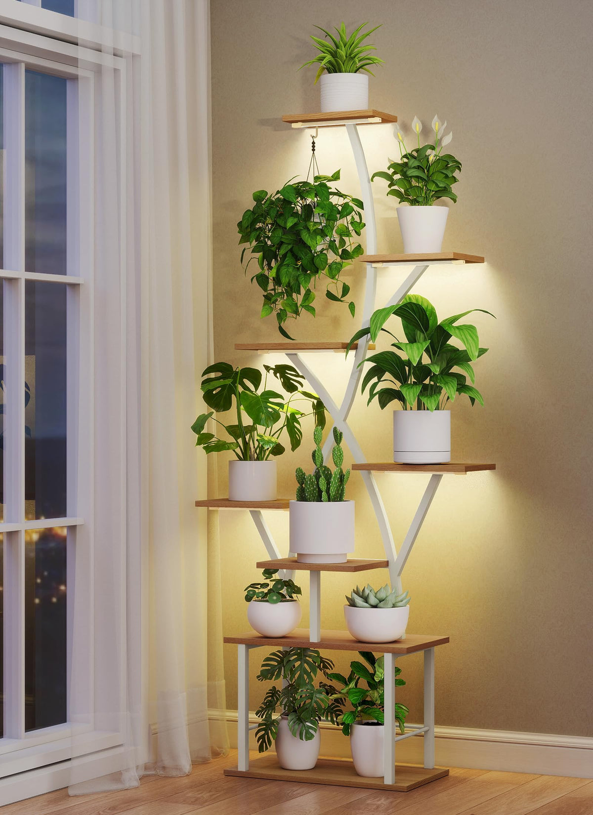 Quikraen plant stand with five-head grow lights for indoor herbs and flowers.