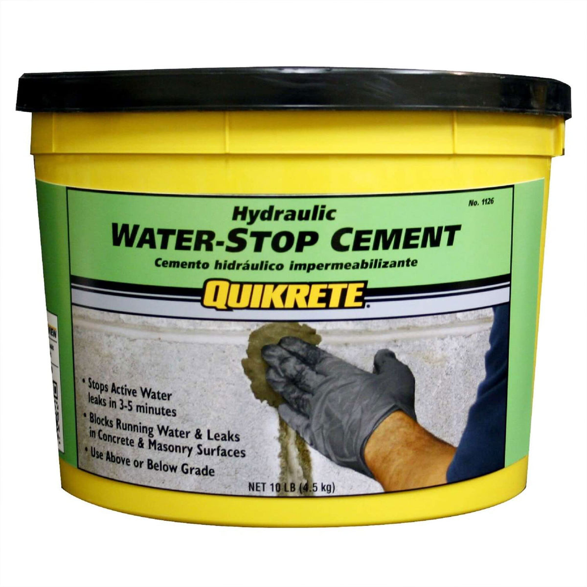 Quikrete Rapid Setting Water Stop Cement patches leaks on concrete surfaces (bucket view).