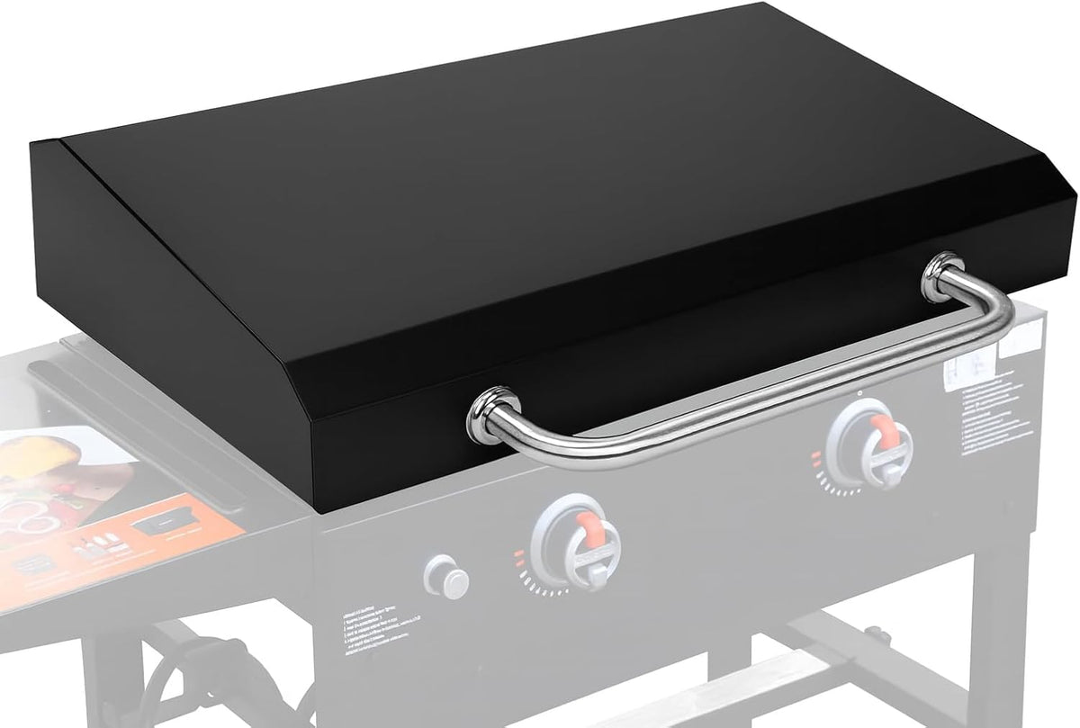 QuliMetal 28-inch hinged grill cover on a Blackstone griddle for reliable outdoor protection.