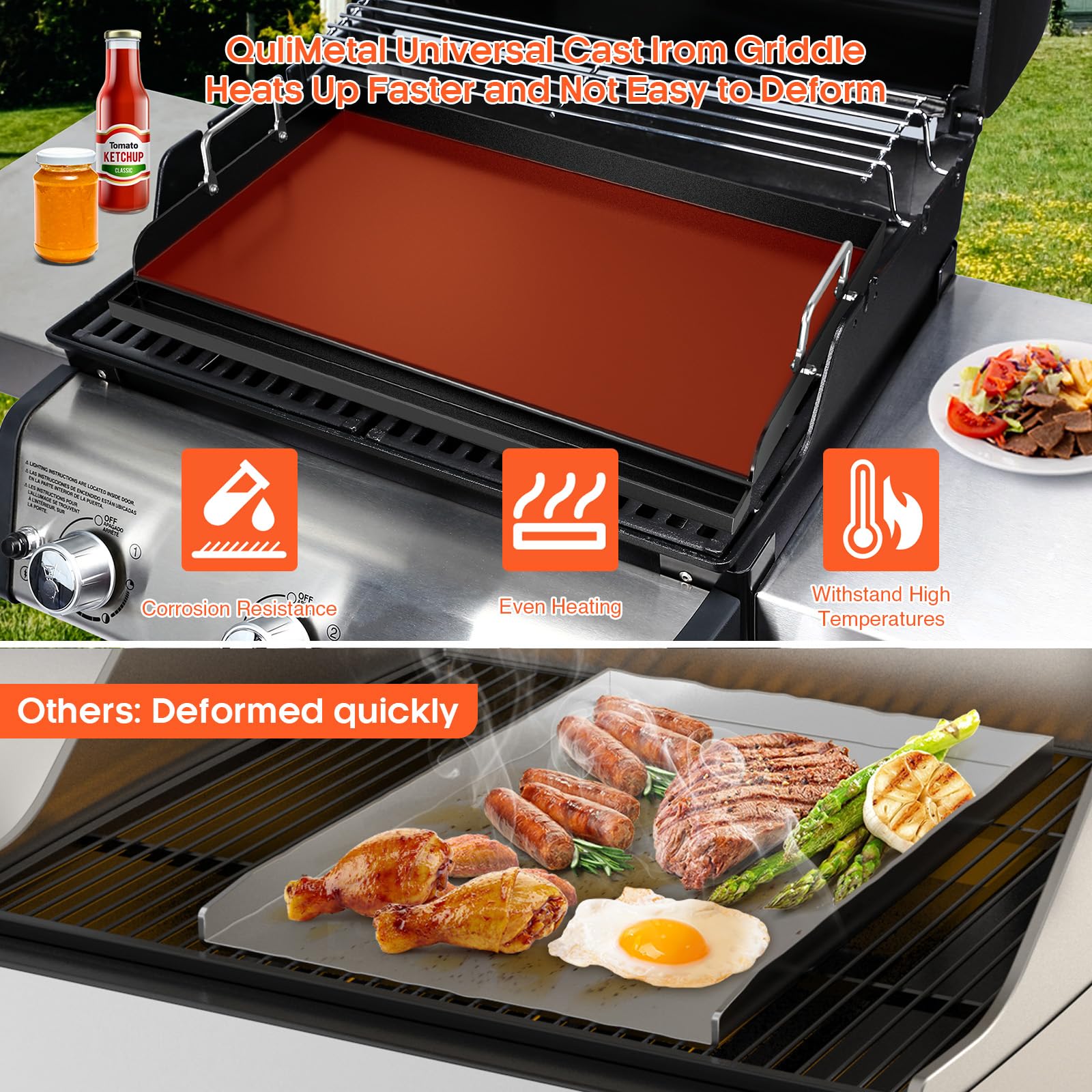 QuliMetal griddle built to 550°F with warp-resistant design.