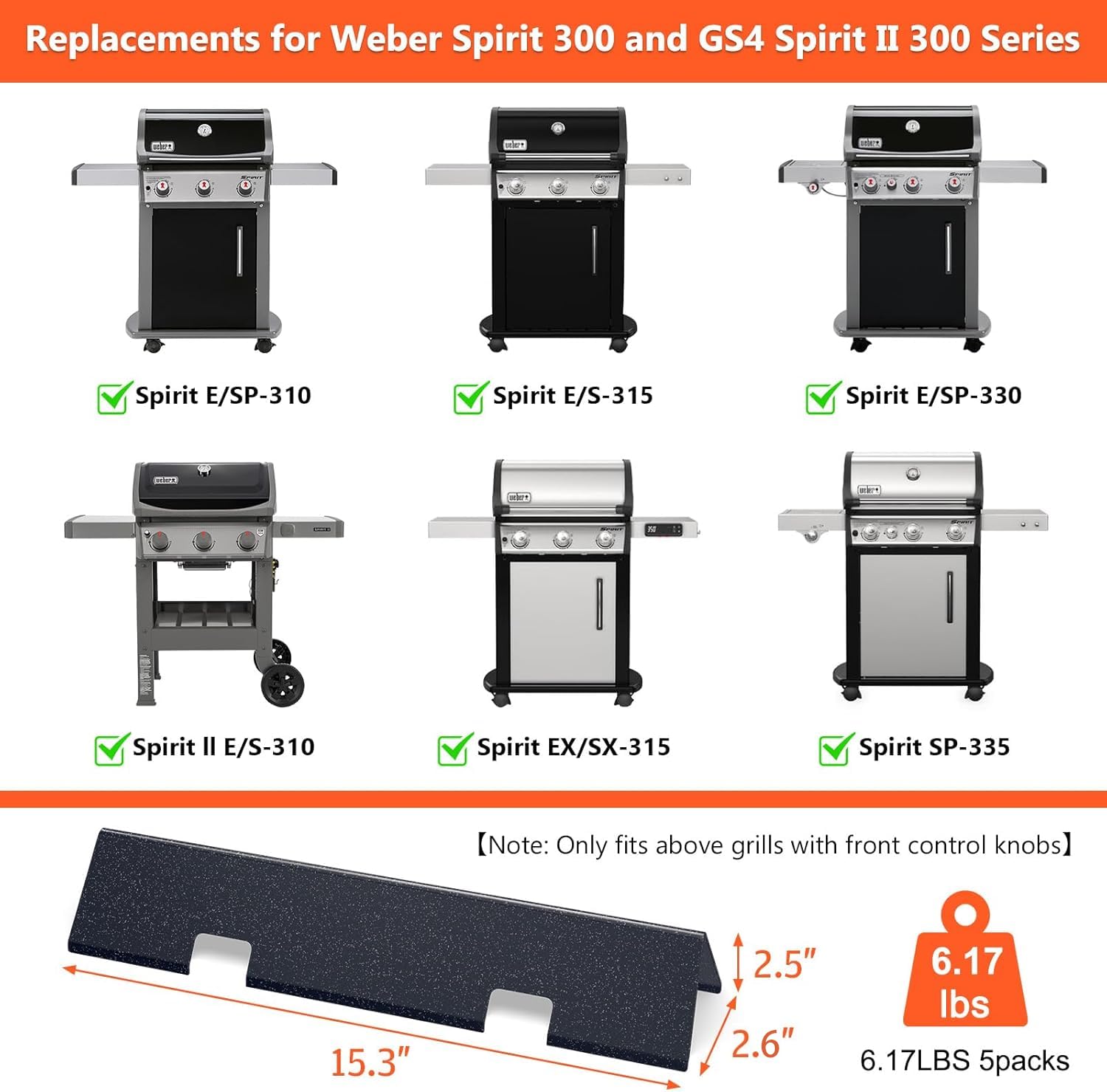 QuliMetal porcelain-enameled 5-pack flavorizer bars for Weber Spirit grills, durability and longevity.