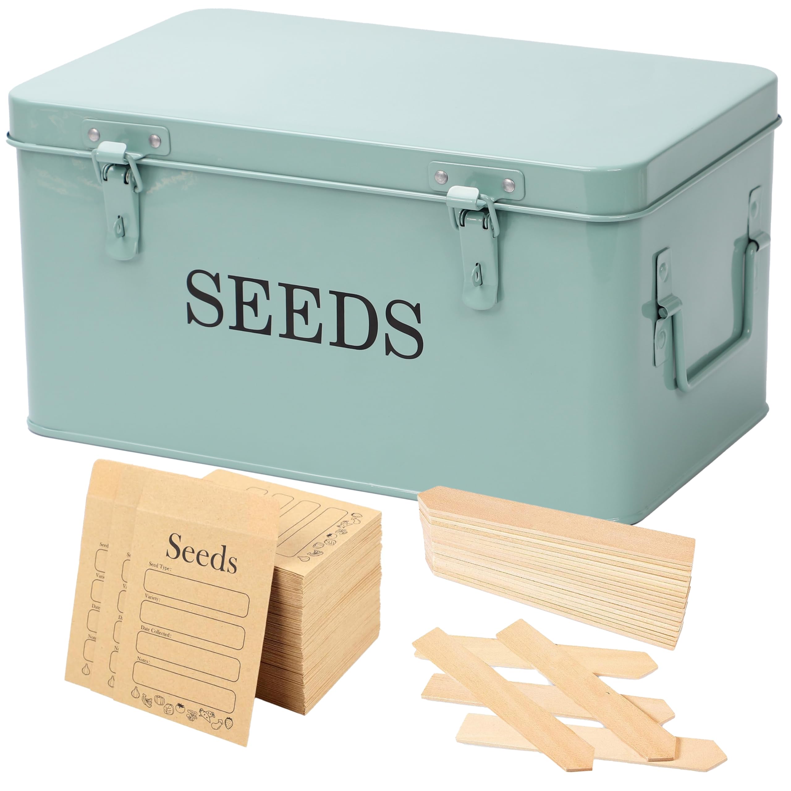 QUILIVIK seed storage box with green rectangular lid keeps packets organized.