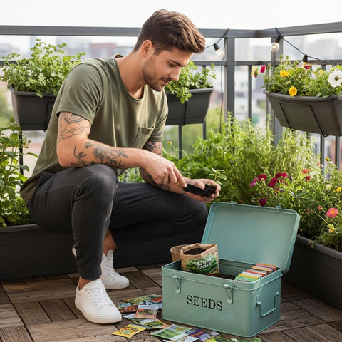 QUILIVIK seed box with side handles for portable garden organization.