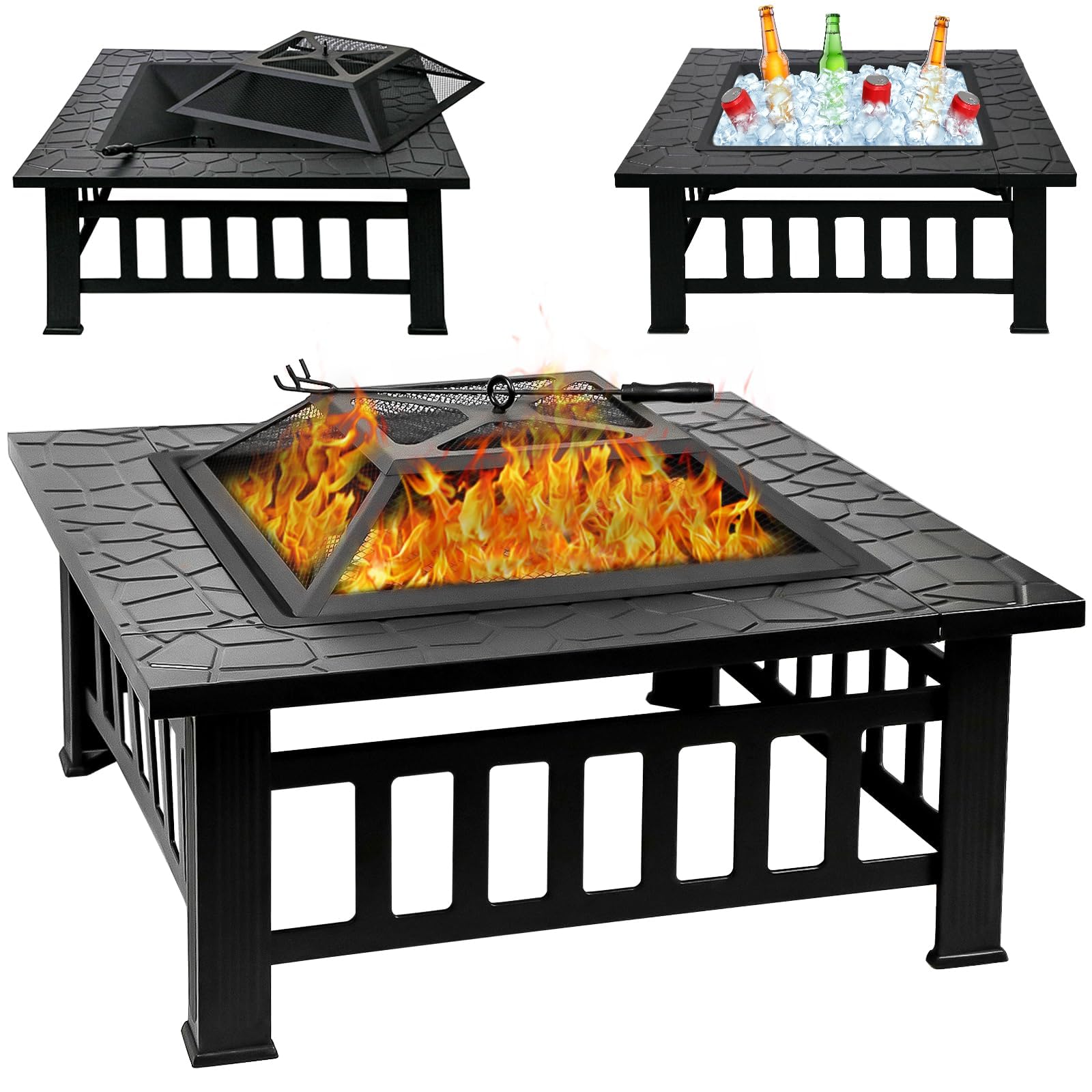Quilushey 32-inch fire pit table wood-burning area for outdoor warmth
