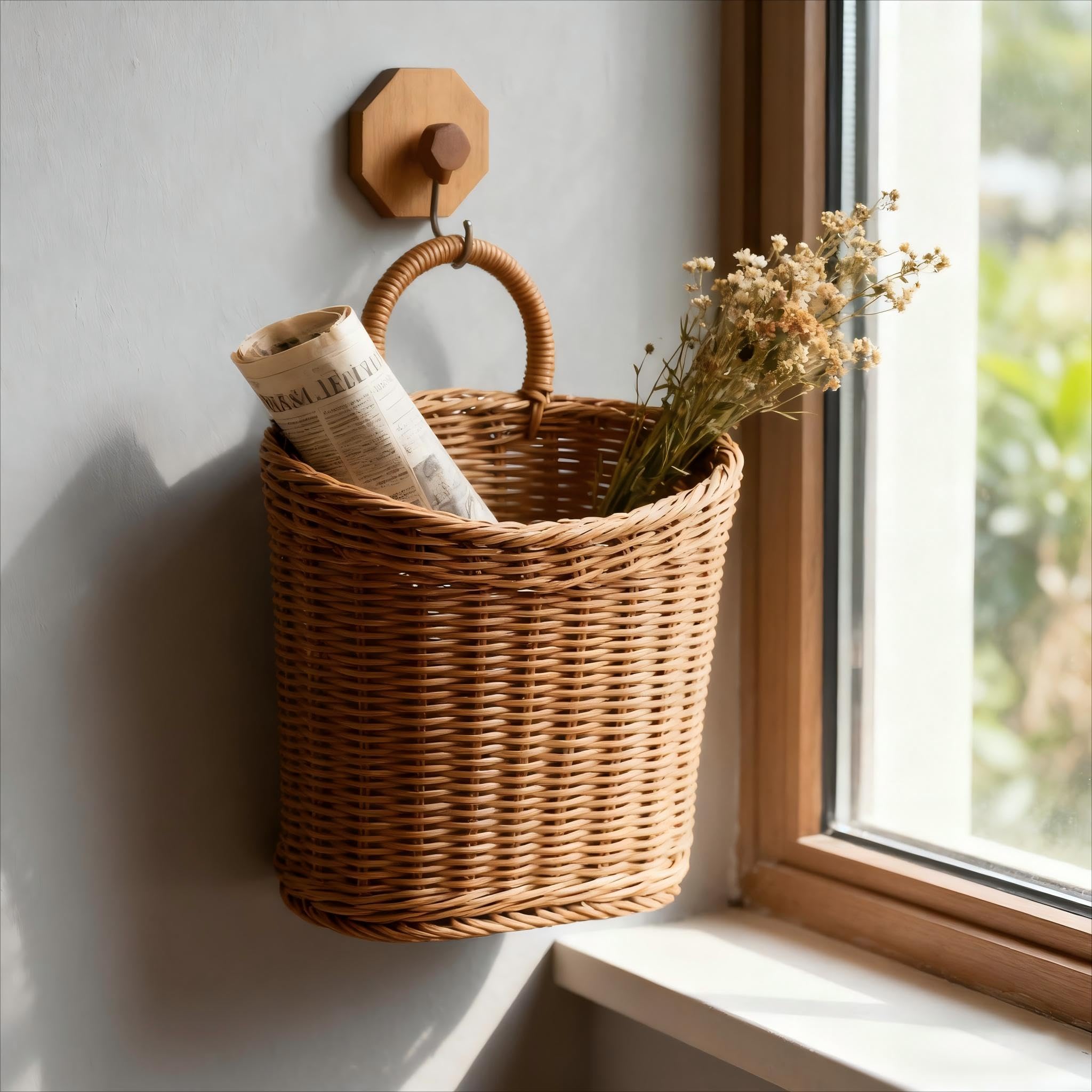 Quincry wicker basket hangs on wall as stylish decor.
