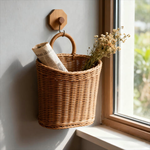 Quincry wicker basket hangs on wall as stylish decor.