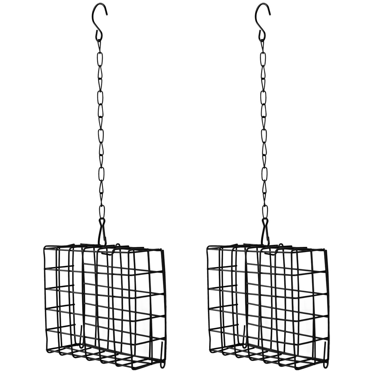 Quivorant suet cage feeder mounted on a tree invites woodpeckers and other birds.