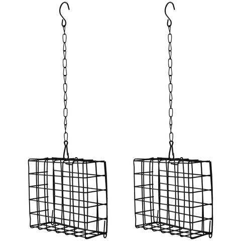 Quivorant suet cage feeder mounted on a tree invites woodpeckers and other birds.