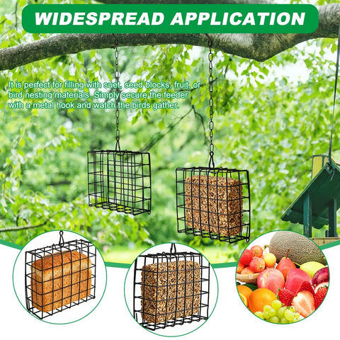 Quivorant suet cage hanging chain installed on a branch for flexible placement.