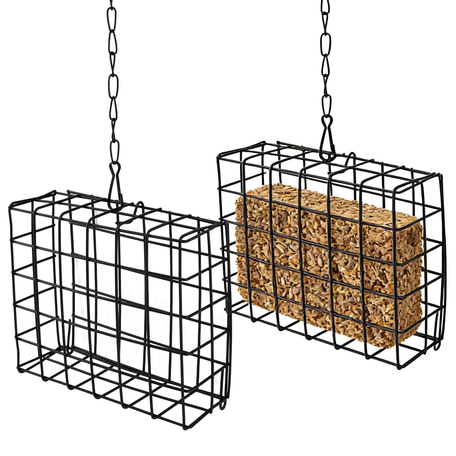 Quivorant cage feeder near tree trunks increases bird visits.