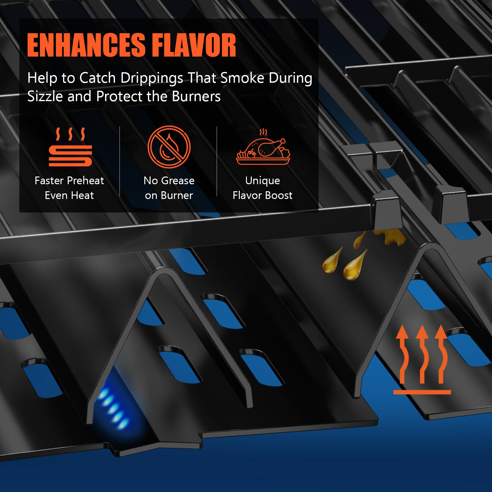QuliMetal 20GA porcelain-steel flavorizer bars shown protecting burners and improving durability.