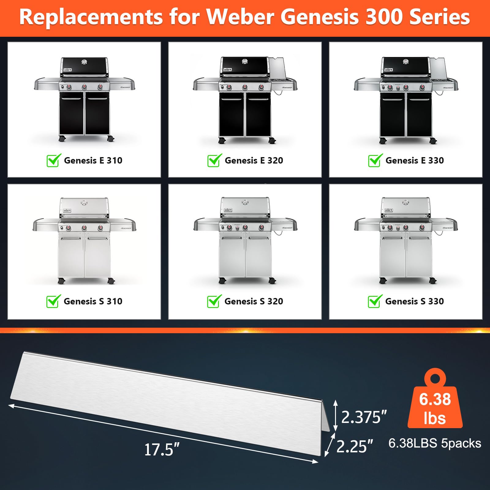 QuliMetal flavorizer bars 17.5 inch length for Weber Genesis 300