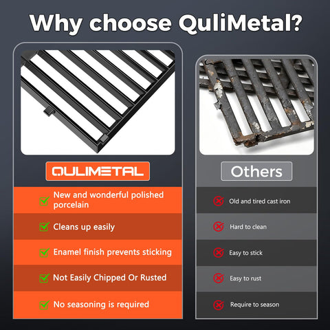 QuliMetal flat wide-slats promote secure placement and crisp sear marks on grilled foods.