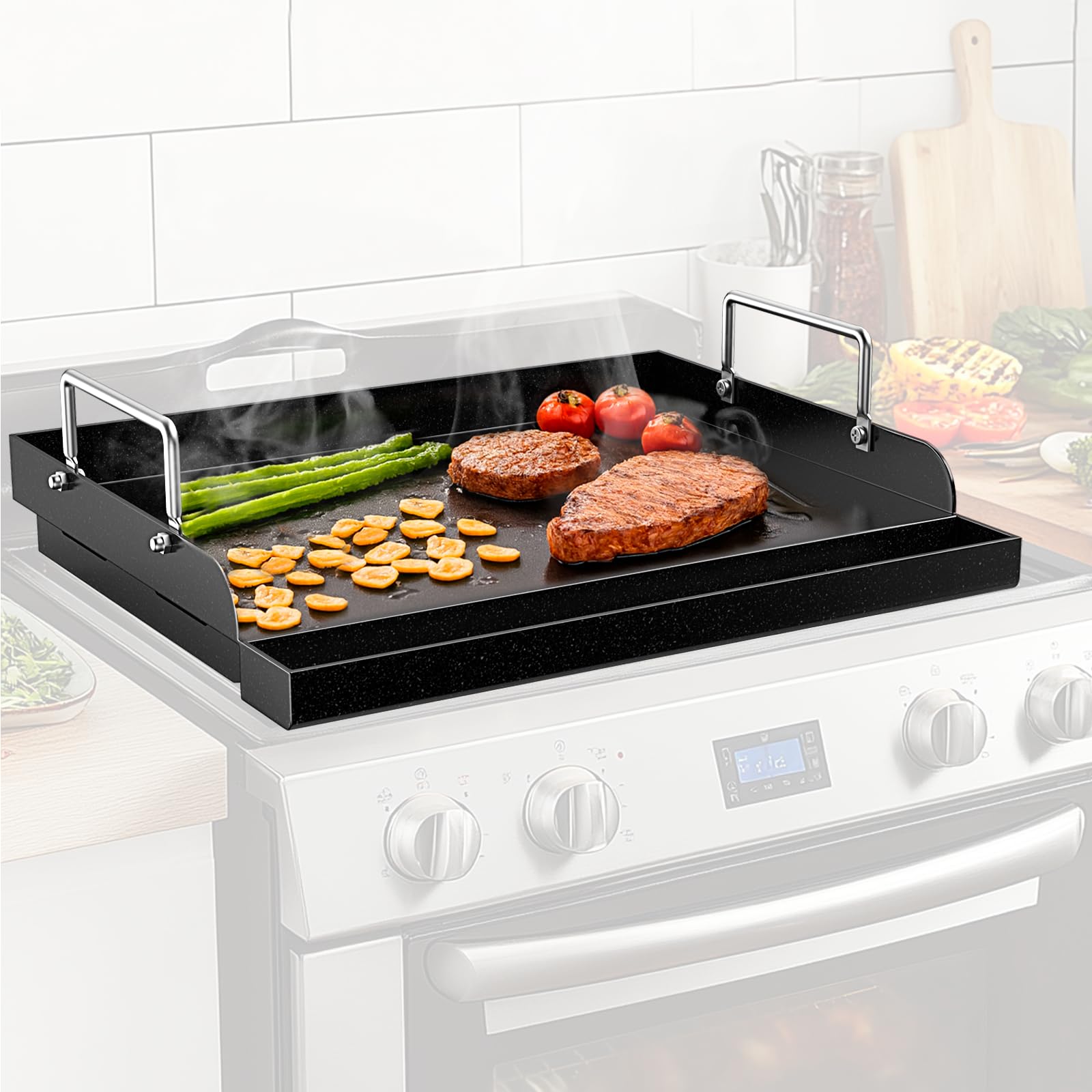 QuliMetal nanoceramic griddle plate on grill for universal outdoor cooking.