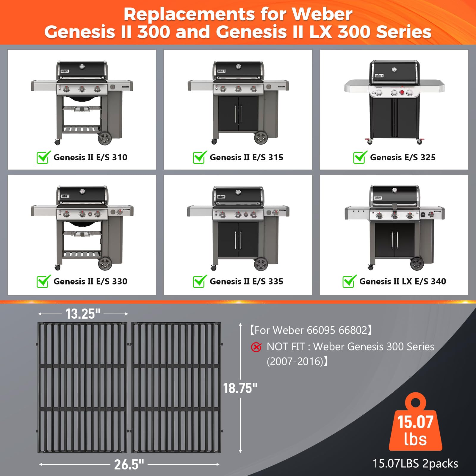 QuliMetal heavy 15.83 lb grate offers stable support for steaks, burgers, and vegetables.