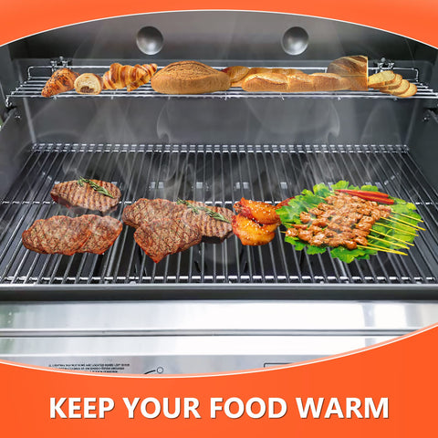 QuliMetal stainless warming rack elevates separation to prevent crowding on grill.