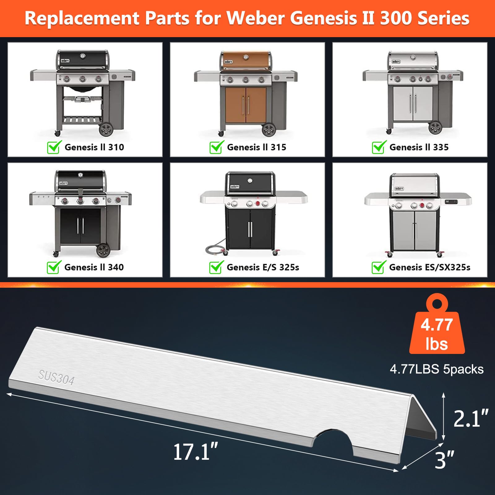 QuliMetal flavorizer bars for Weber Genesis II – side profile, durable SUS304 construction.