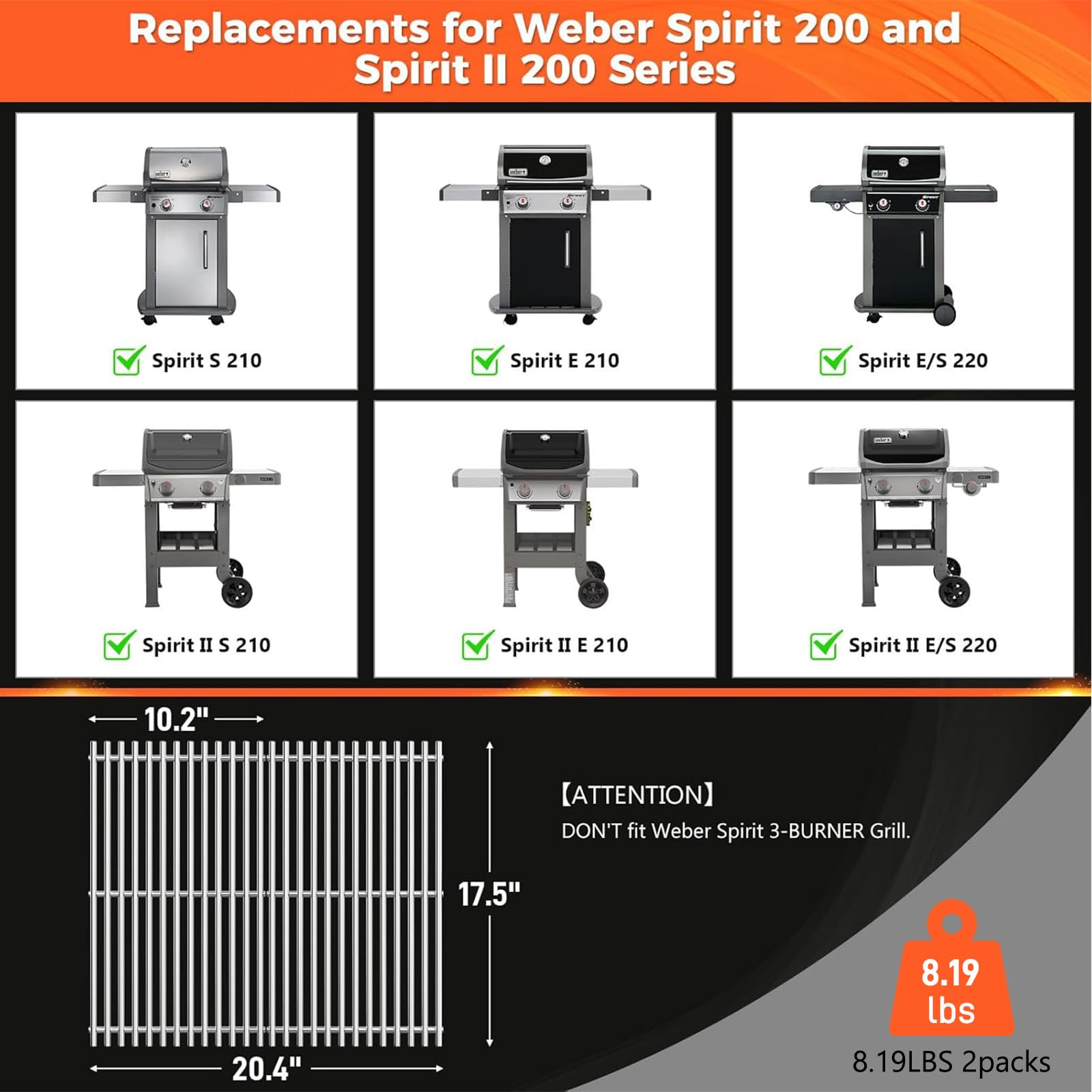 QuliMetal Weber Spirit 200 Series grates side view showing compatibility and robust construction
