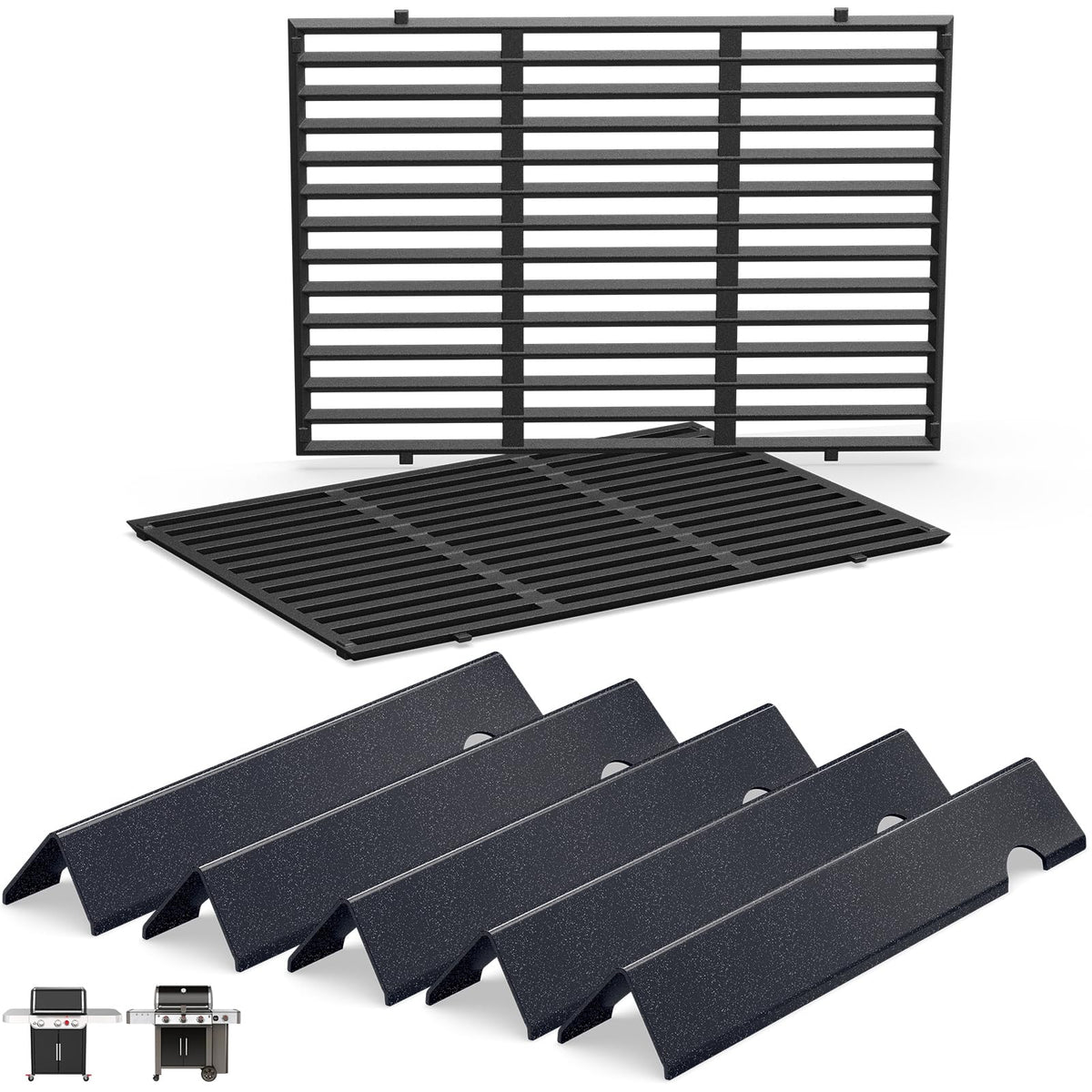 QuliMetal Genesis II cast-iron grate (left) for even heat distribution on Weber grills.