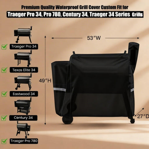 QuliMetal Traeger Pro 34 cover shows 53W x 27D x 49H waterproof fabric protection.