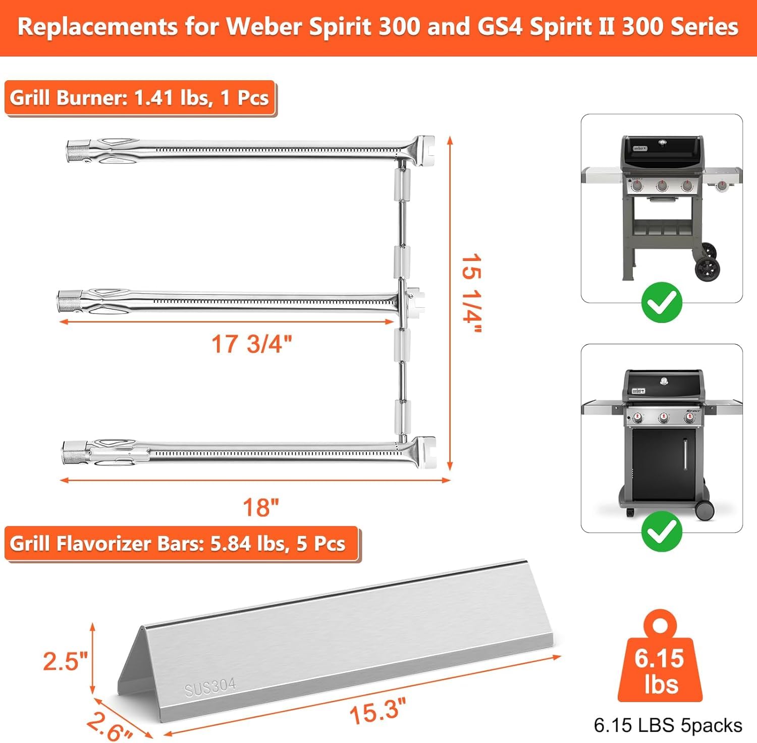 QuliMetal Spirit E310 flavorizer bars 15.3-inch laid out for even grilling