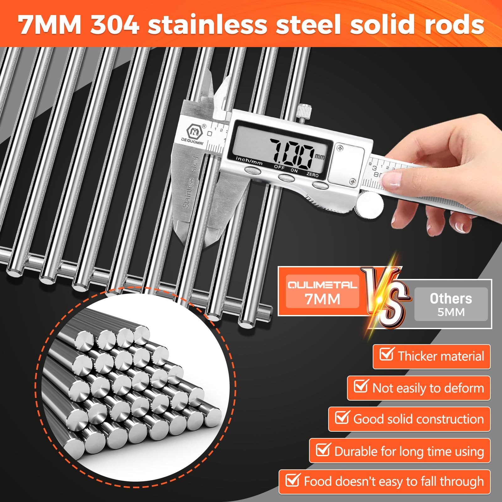 QuliMetal 304 stainless steel grates highlighted by thick 7mm rods for durable performance.