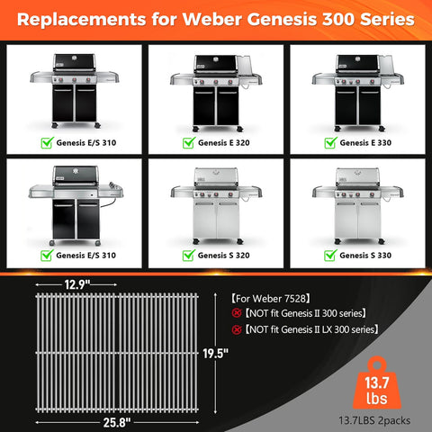 QuliMetal Weber Genesis 300 grates dual-pack expands cooking area for 19.5x25.8 inch cooking space.