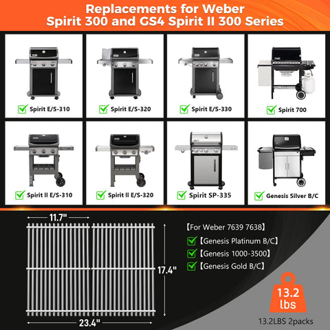 QuliMetal 9mm grill grates for Spirit II 300-series resist deformation for reliable grilling