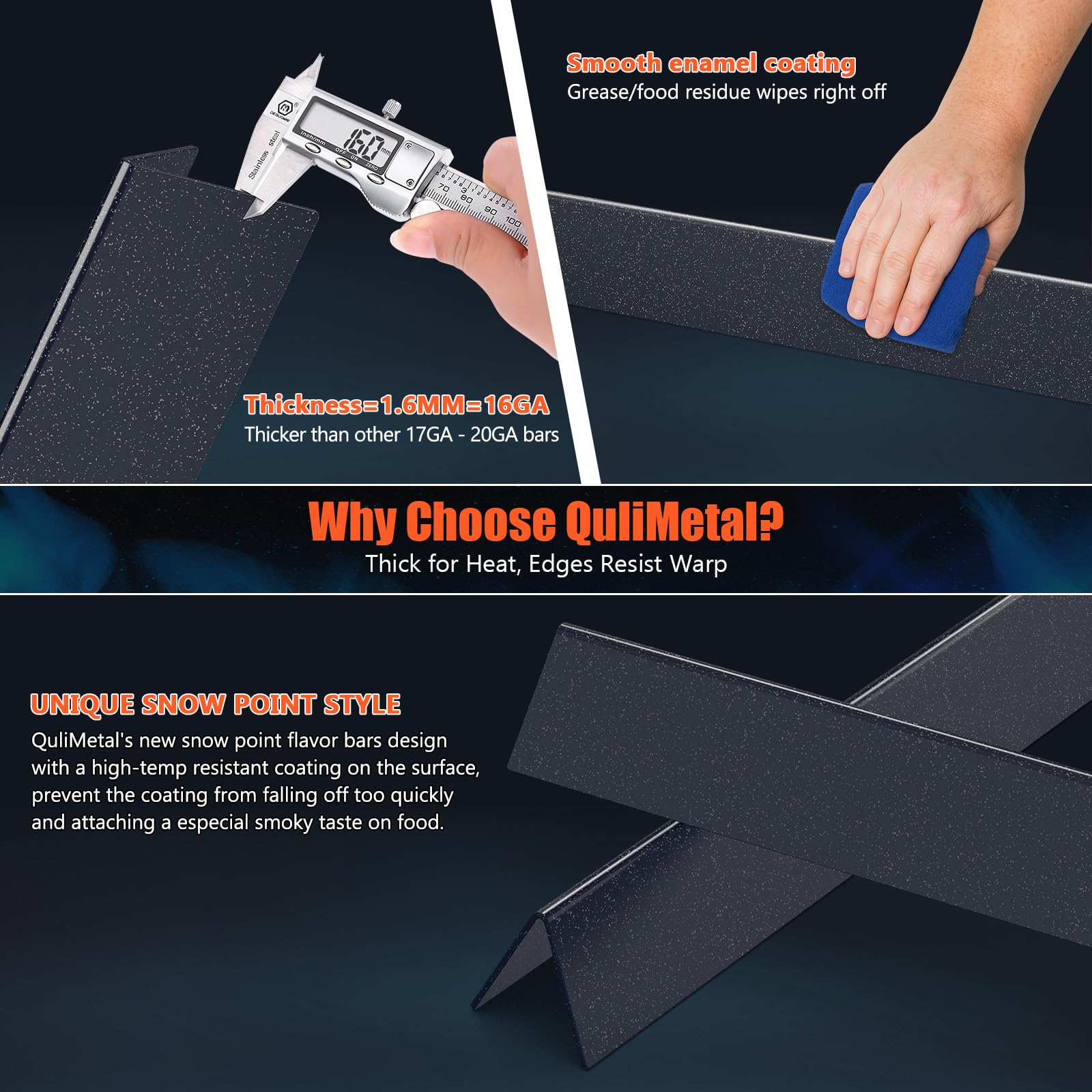 QuliMetal even heat distribution prevents flare-ups and protects burners.