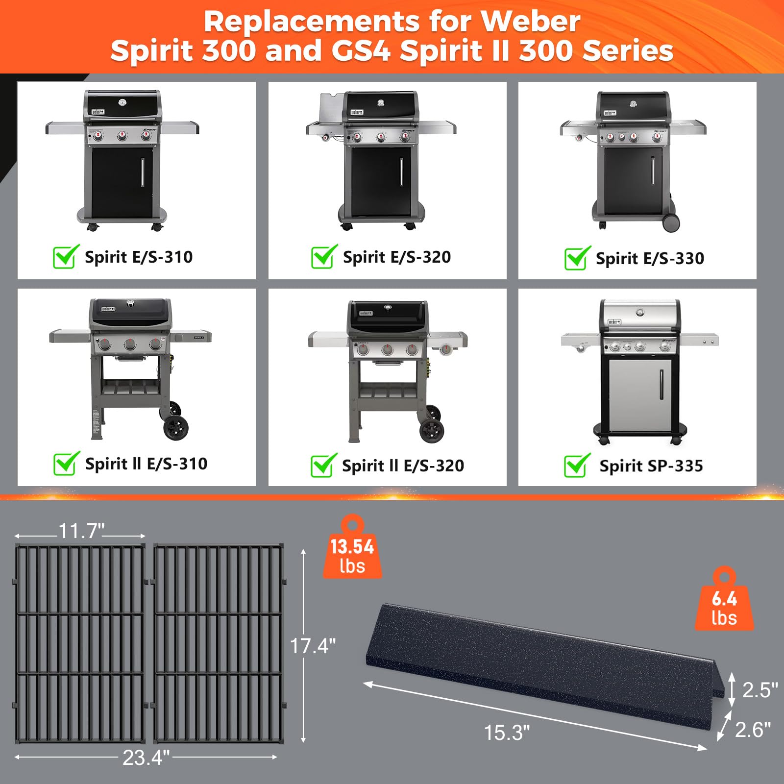 QuliMetal flavorizer bars for Weber Spirit 300 series promote smoky flavor and better heat distribution.