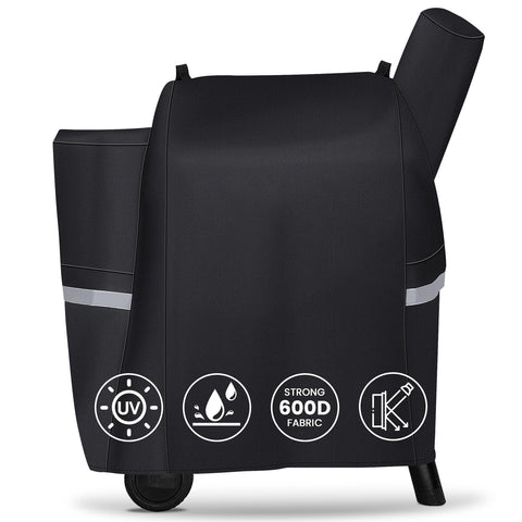 QuliMetal grill cover on Traeger Pro 22 front view for rain protection.