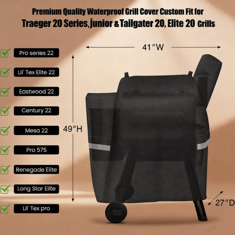 QuliMetal grill cover on Traeger Pro 22 side view offering wind resistance.