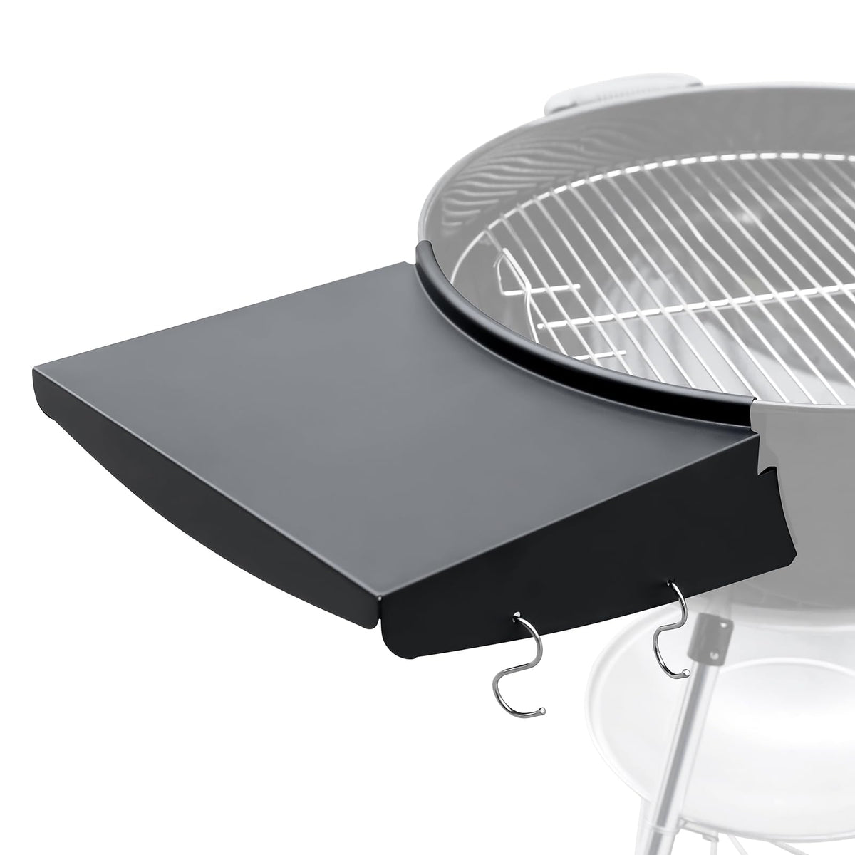 QuliMetal grill table shelf attached to Weber 22-inch kettle for extra prep space.