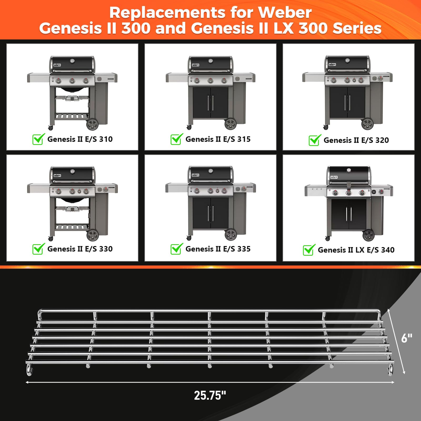 QuliMetal warming rack dimensions 25.75 by 6 inches for Genesis II 300 series.