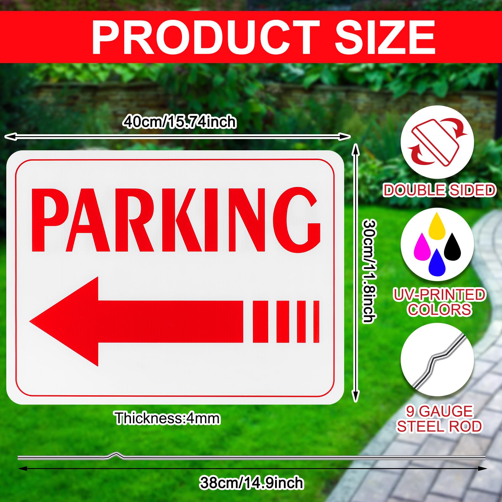 Qunclay double-sided parking sign with arrows for outdoor directions.