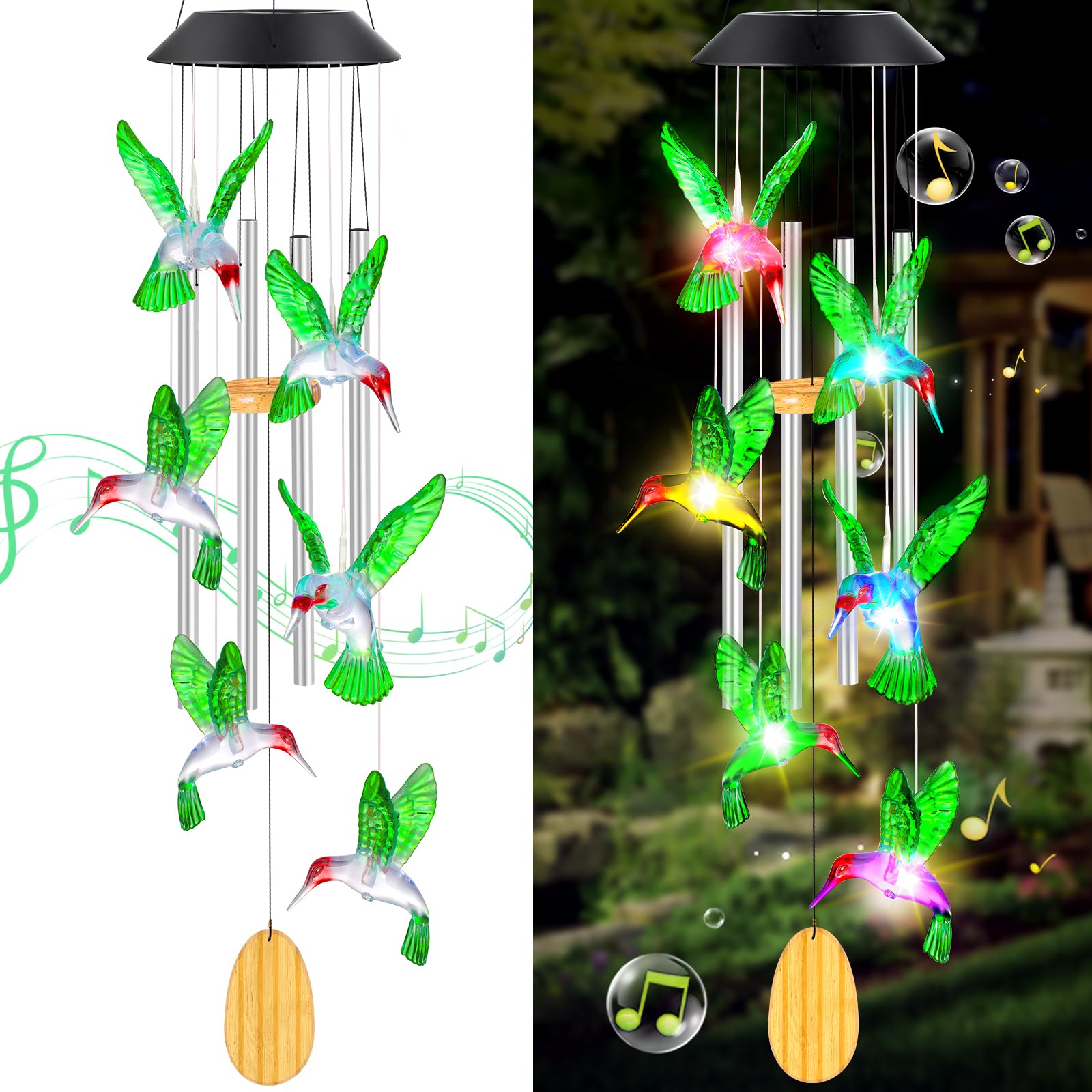 QUNPON solar hummingbird wind chime enhances outdoor ambiance with gentle light.