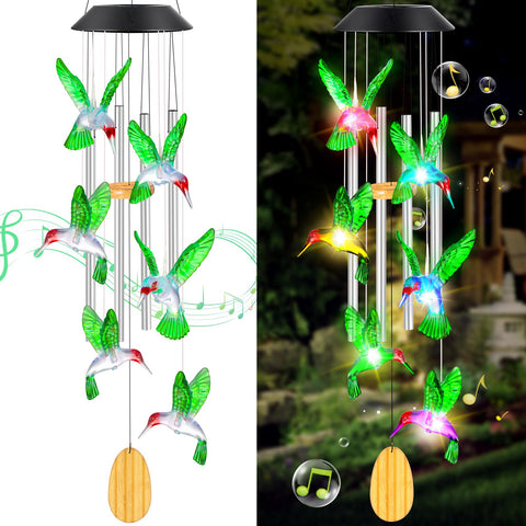 QUNPON solar hummingbird wind chime enhances outdoor ambiance with gentle light.