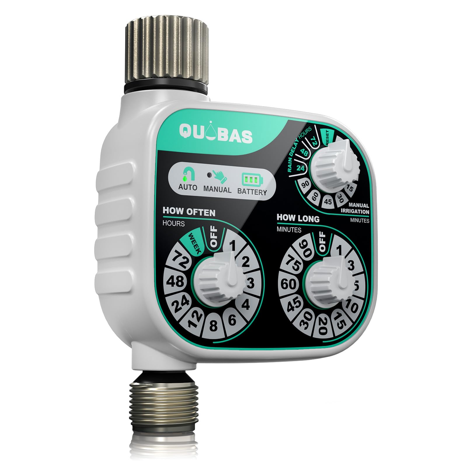 QUOBAS mechanical dial hose timer front view for outdoor watering.
