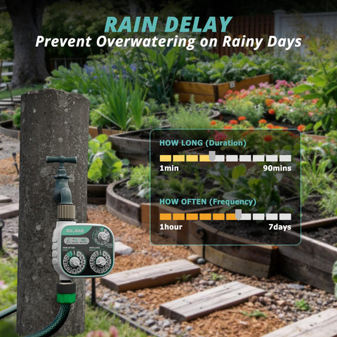 QUOBAS outdoor installation on hose shows versatile irrigation and pool filling use.