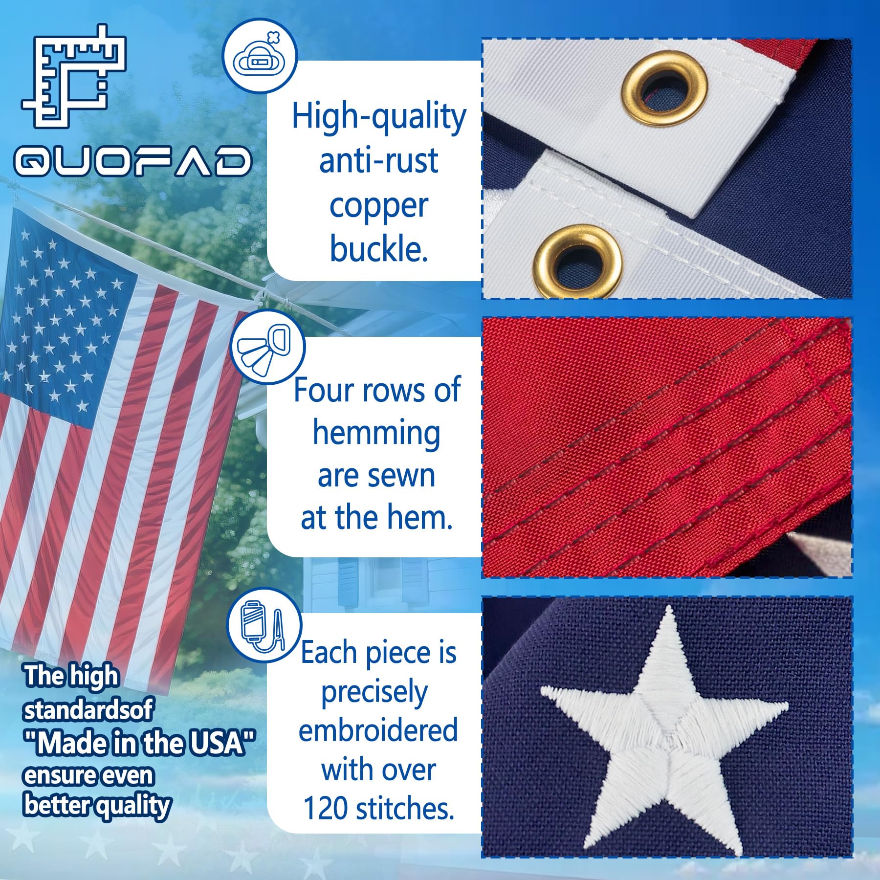 QUOFAD embroidered stars detail on a sturdy flag.