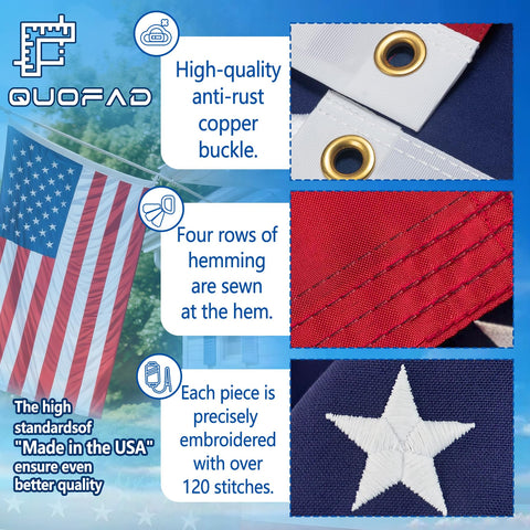 QUOFAD embroidered stars detail on a sturdy flag.