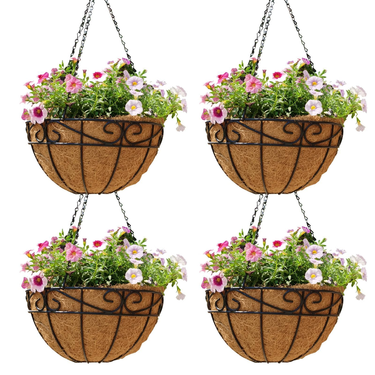 Qusuxi 4-pack 12-inch hanging planters with coco fiber liners for outdoor use