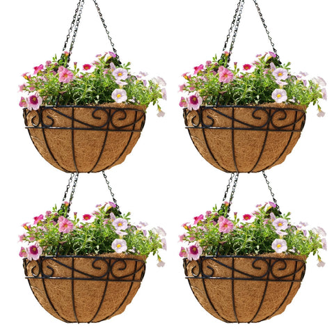 Qusuxi 4-pack 12-inch hanging planters with coco fiber liners for outdoor use