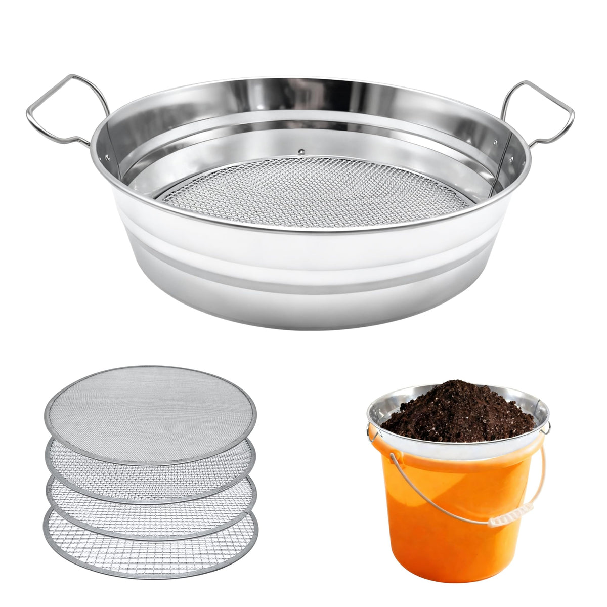 QUTIING Soil Sifter on a 5-gallon bucket provides stable, hands-free soil screening.